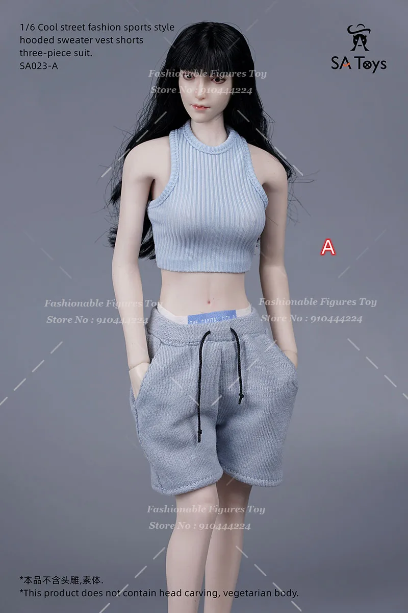 SA Toys 1/6 여성 군인 스포츠 후드 대형 지퍼 업 코트 슬림 조끼 캐주얼 반바지 복장 12 액션 피겨 모델