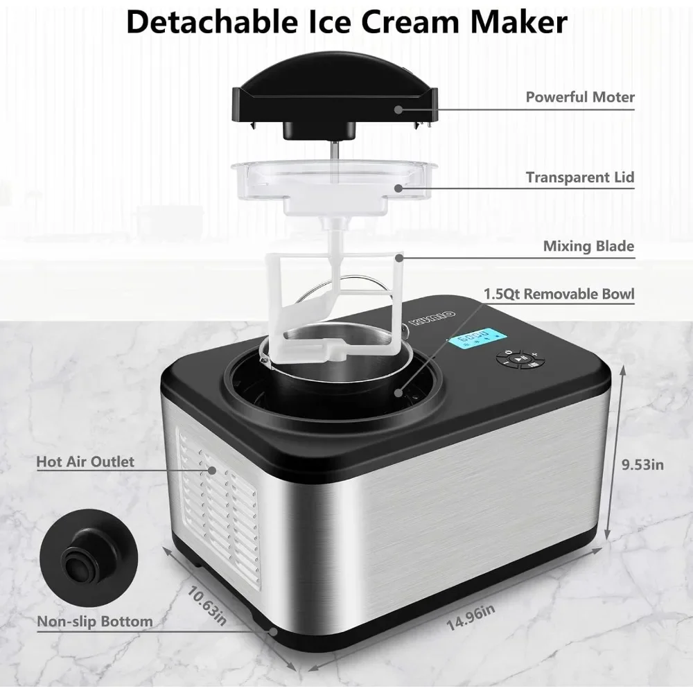 1.6-Quart Ice Cream Maker with Compressor, No Pre-Freezing, 4 Modes Machine with LCD Display, Timer, Automatic Yogurt Machine