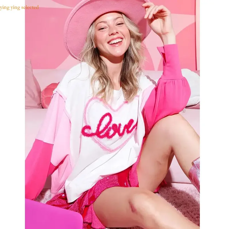 Valentine Hoodie Maxi Heart Print Loose with Inlaid Heart I Love Kiss Crew Pullover блузки женские Womens Women and  нарядная [fila]kiss me heart bra