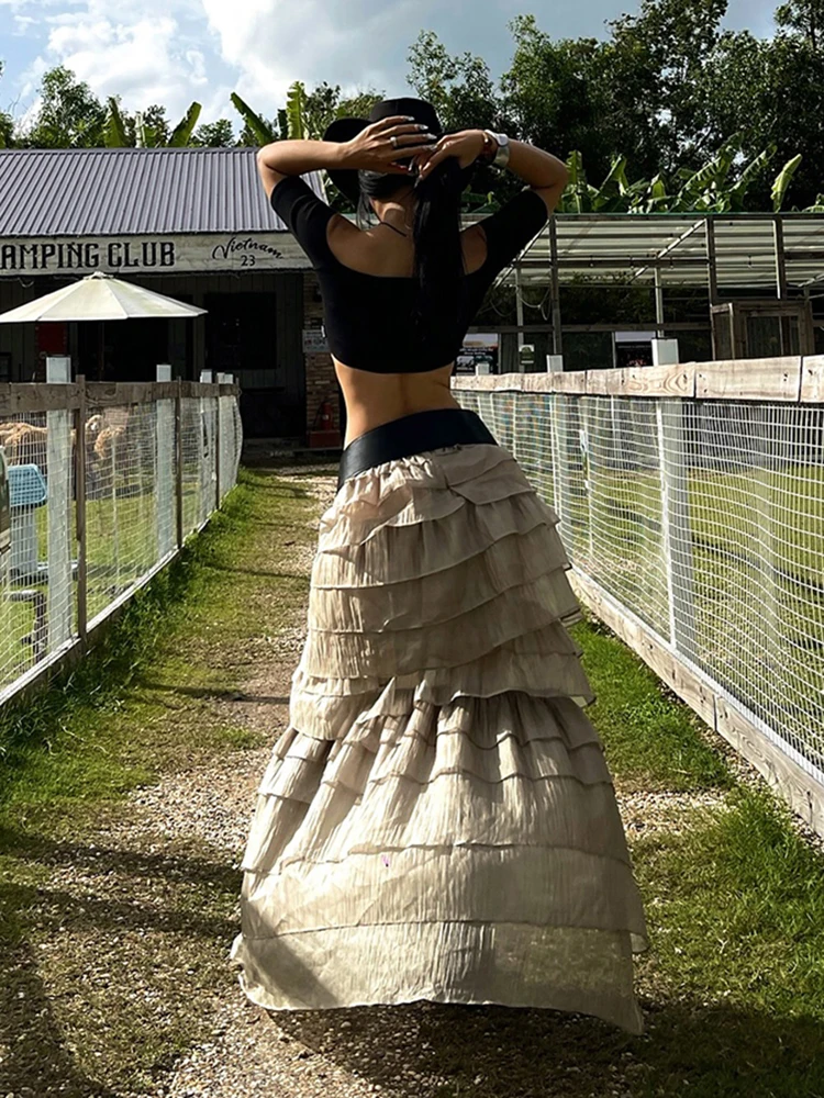 Nibber Tierred Skirts Women High Slit Patchwork Skinny Hottie Sexy Midnight Music Festival Street Fashion Simple Chic Bottoms