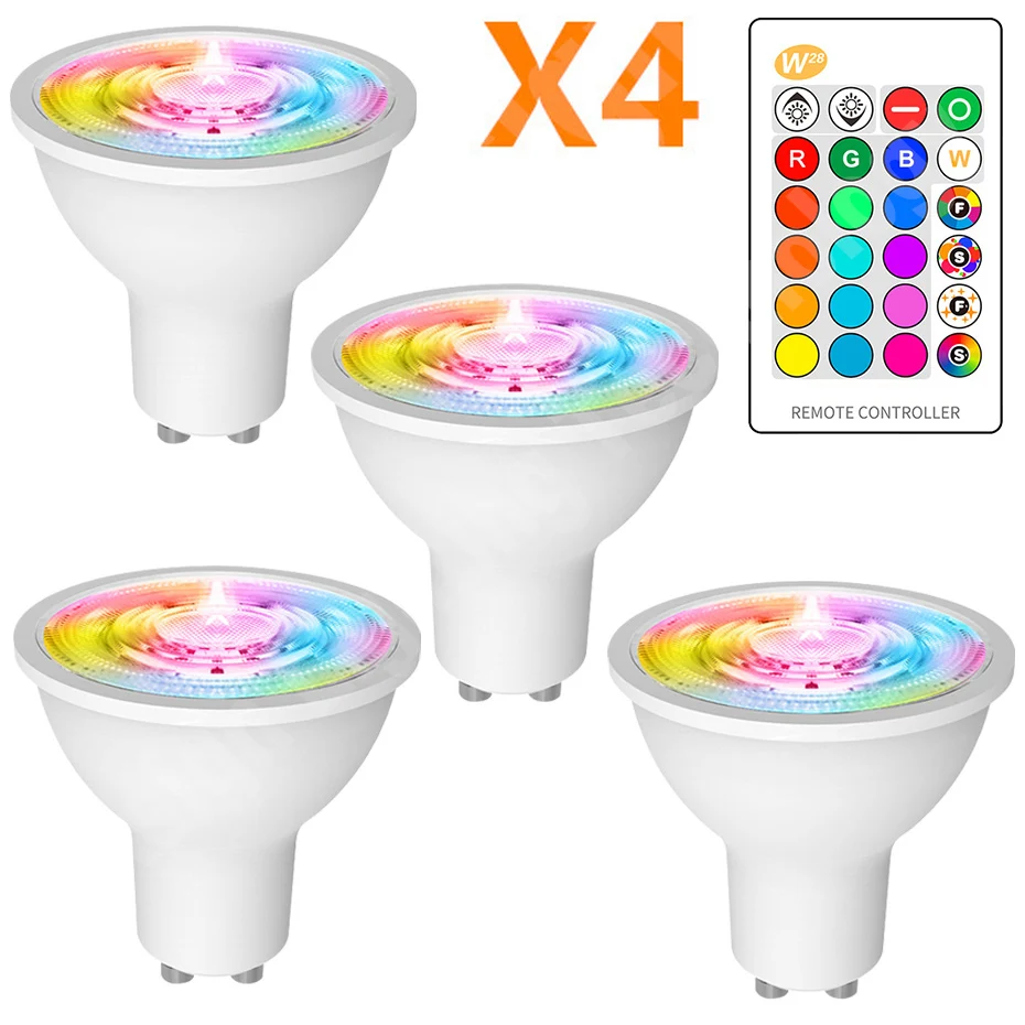 4Pcs LED Bulb Light GU10 RGB Dimmable Atmosphere Night 8W Spotlight with IR Remote Control Memory Function for Living Room