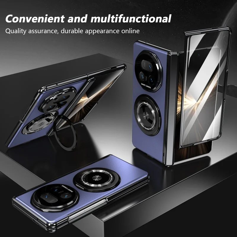 Matte Hard Protective Flip Case with Kickstand and 360° Rotating Magnetic Ring Holder, Includes Tempered Glass