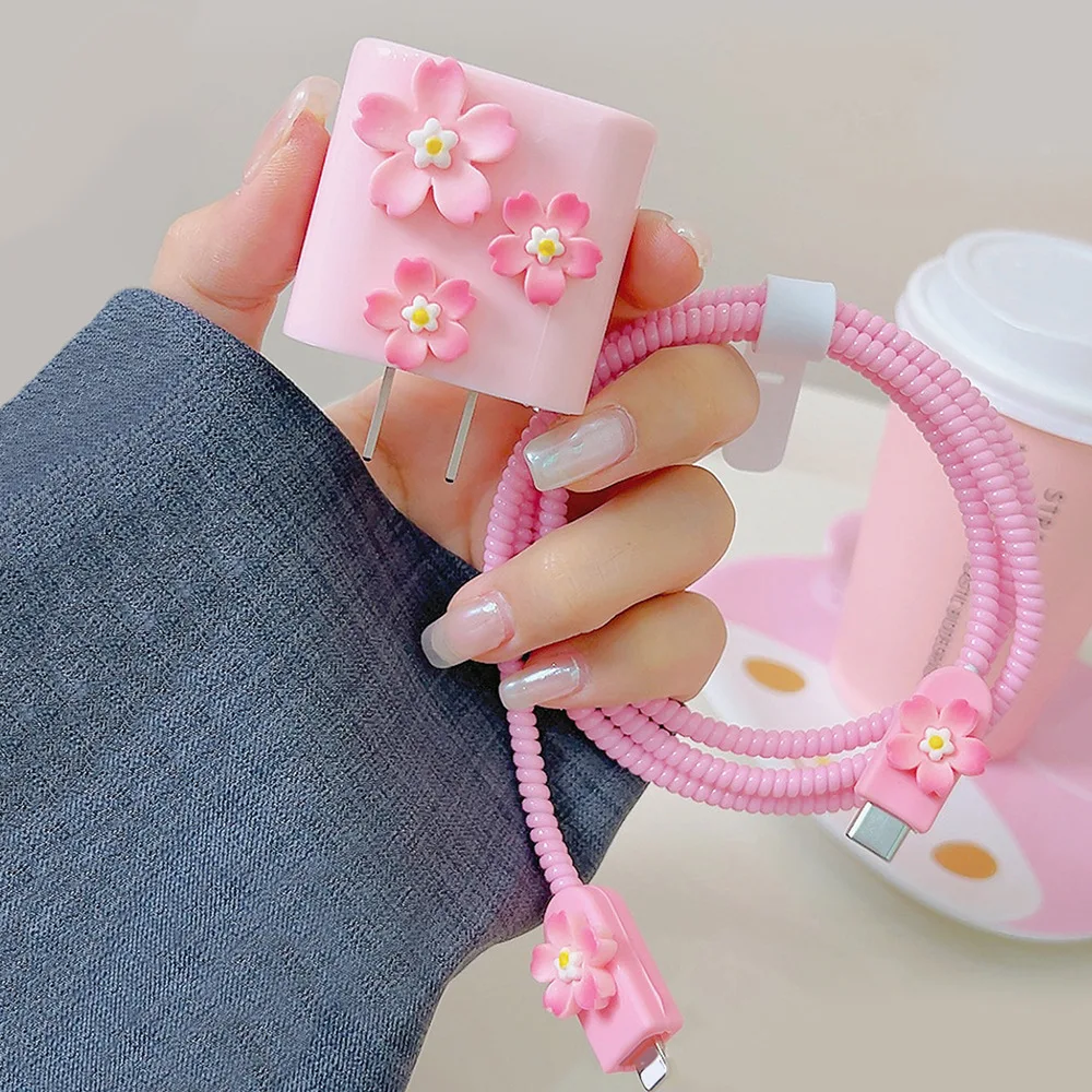 3D Pink Flower Soft Silicone Charger Case for IPhone 15 14 13 12 11 18W 20W Charger Protection Cover Sleeve Accessories Wireless Charger Case