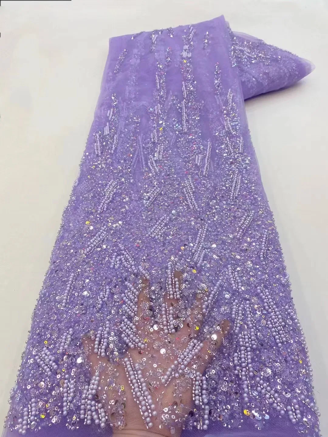 

New French Tulle Lace Fabric 5 Yards High Quality Nigerian Wedding Luxury Beads Sequins Embroidery African Lace Fabric QF0814