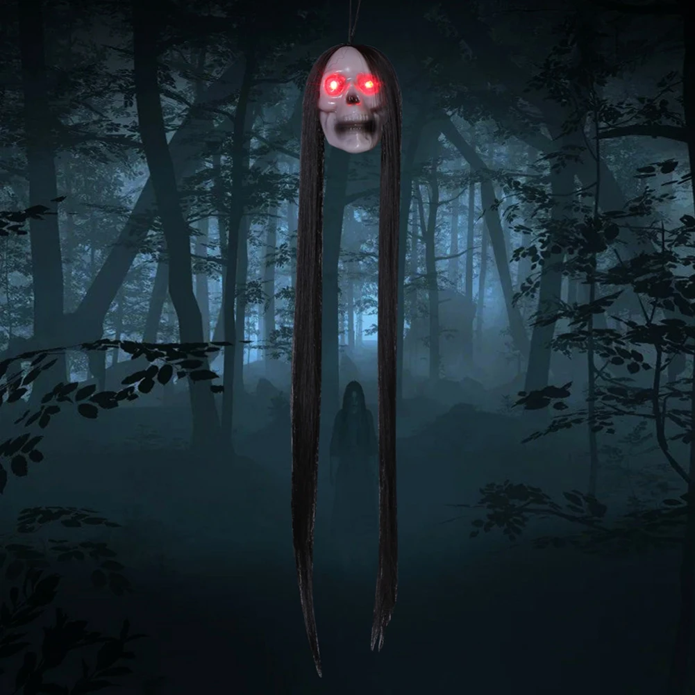 

Halloween Hanging Ghost Skull with Long Hair Glowing Eyes Terror Skull Ghost House Head Skeleton Props Halloween Decoration 2024