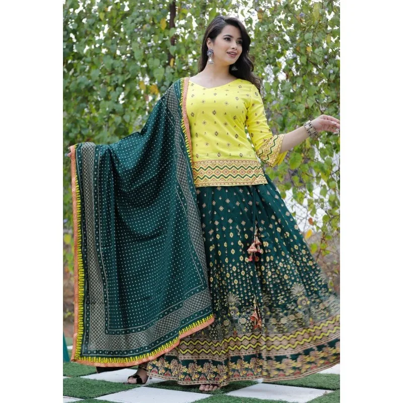 

Women Rayon Kurta Palazzo Set Skirt Kurti Dupatta Pakistani Yellow Green Salwar Kameez Set