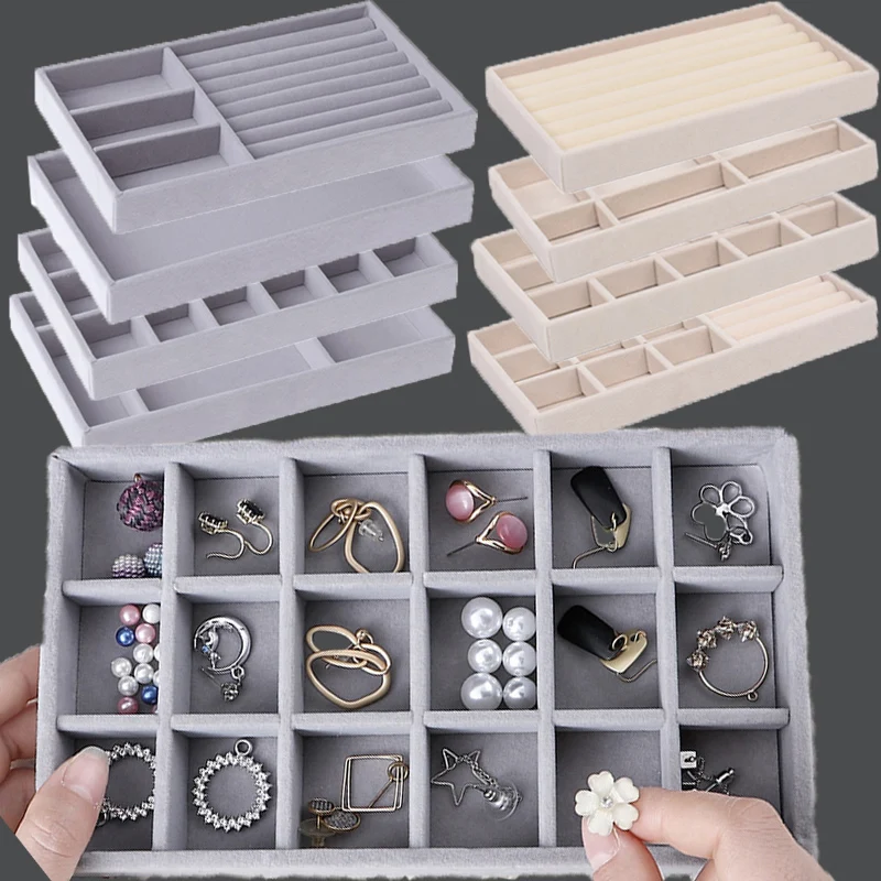 

DIY Jewelry Display Organizer Velvet Stackable Tray Necklace Showcase Box Portable Exquisite Earring Storage Case Holder