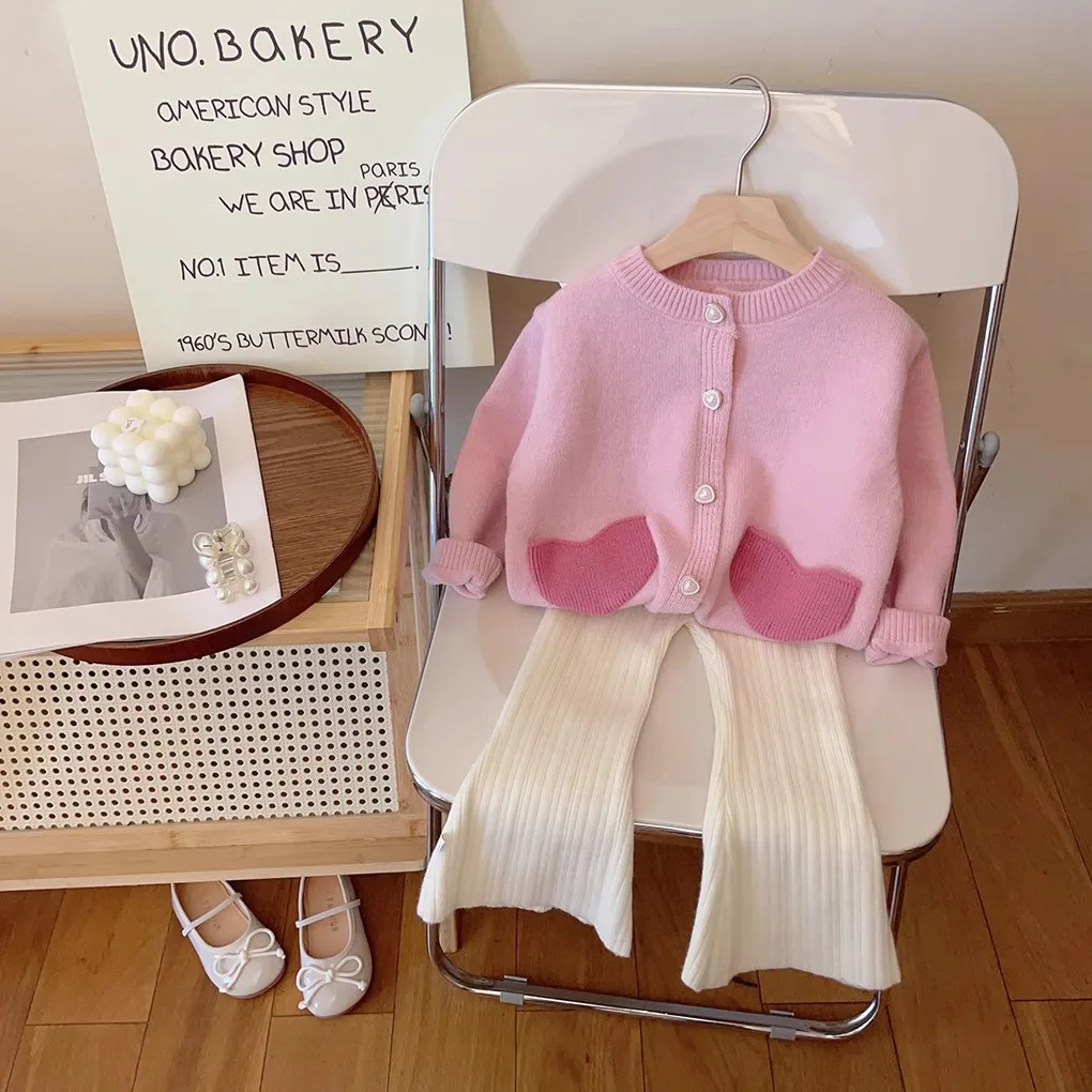 여아용 가디건 스웨터 재킷 2025 봄 신상 한국 스타일 패션 달콤한 핑크 하트 니트 스웨터