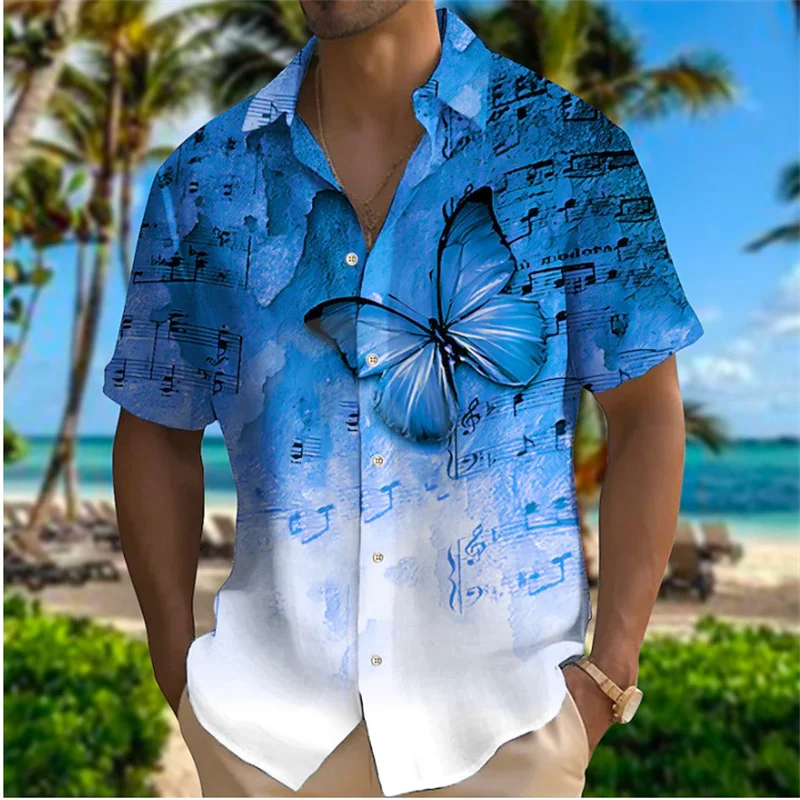 Men's Shirts 2023 Butterfly Pattern Printing Music Note Lapel Shirt Blue Street Short Sleeve Men's Fashion Designer Casual Soft