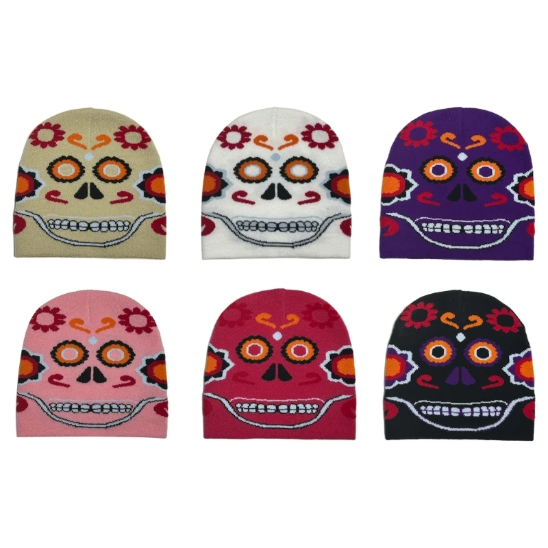 

Adult Halloween Jacquard Flower Skull Beanie Winter Warmer Cycling Windproof Hat