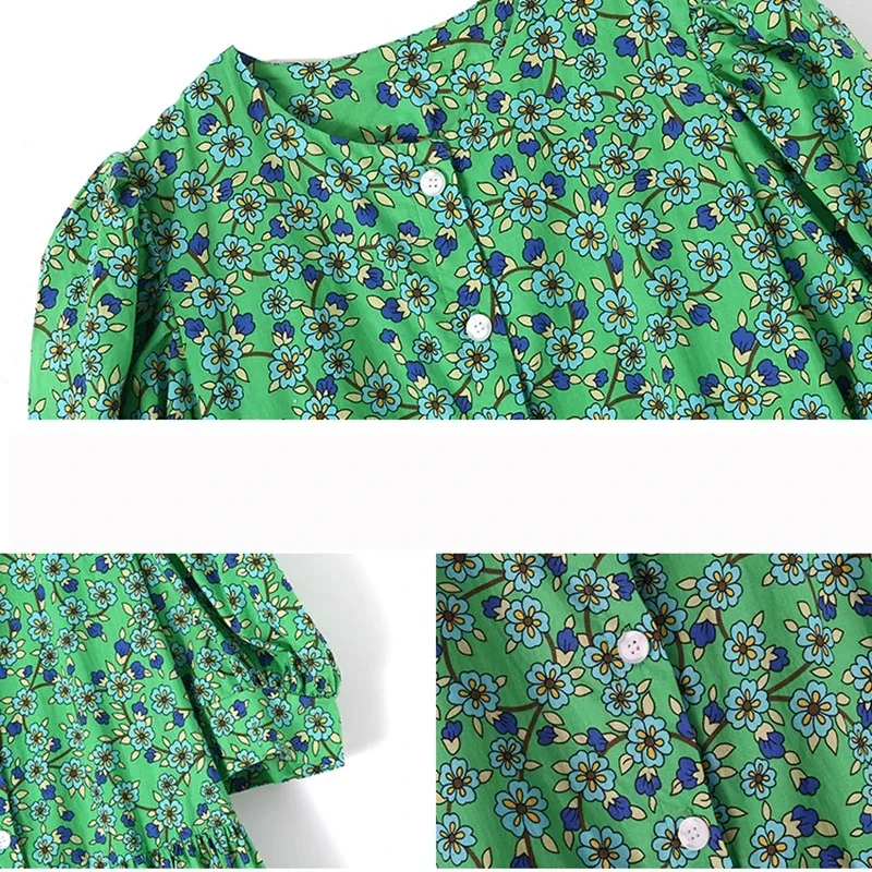 Summer New Women's Short Sleeved Retro Printed Long Skirt Women's Casual Floral Skirt Women's Loose Green Dress 15686