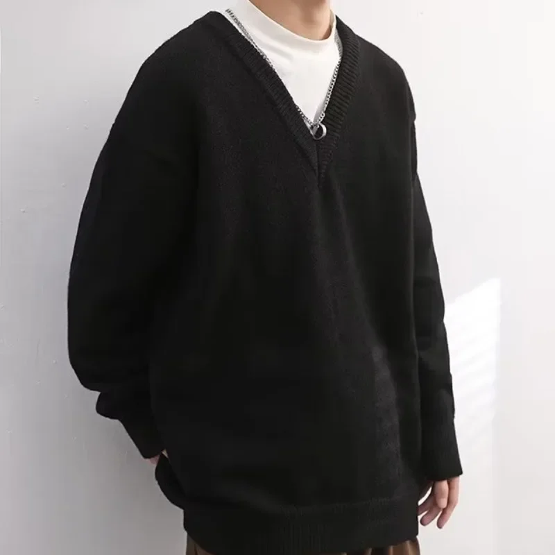 남성용 V넥 스웨터, 한국 스타일, 트렌디 니트 탑, 루즈핏, 베이스레이어 캐주얼 웨어, 겨울
