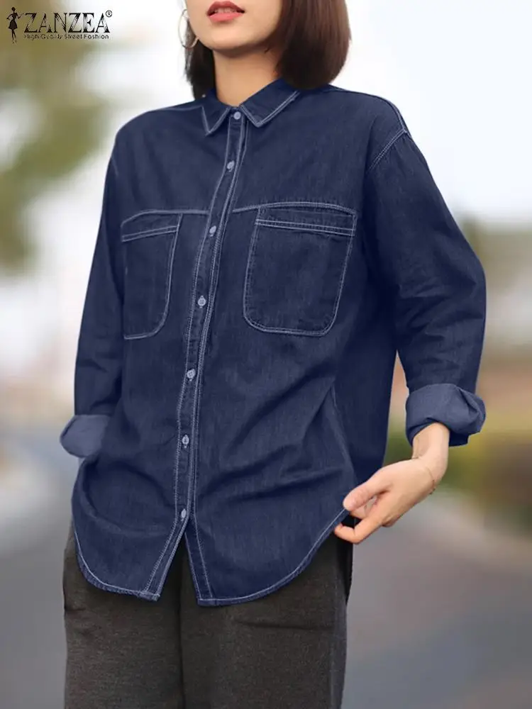 

Блузка ZANZEA Женская с длинным рукавом и карманами, свободная джинсовая рубашка, модный винтажный синий топ, Весенняя Повседневная рубашка с лацканами и асимметричным подолом, 2024