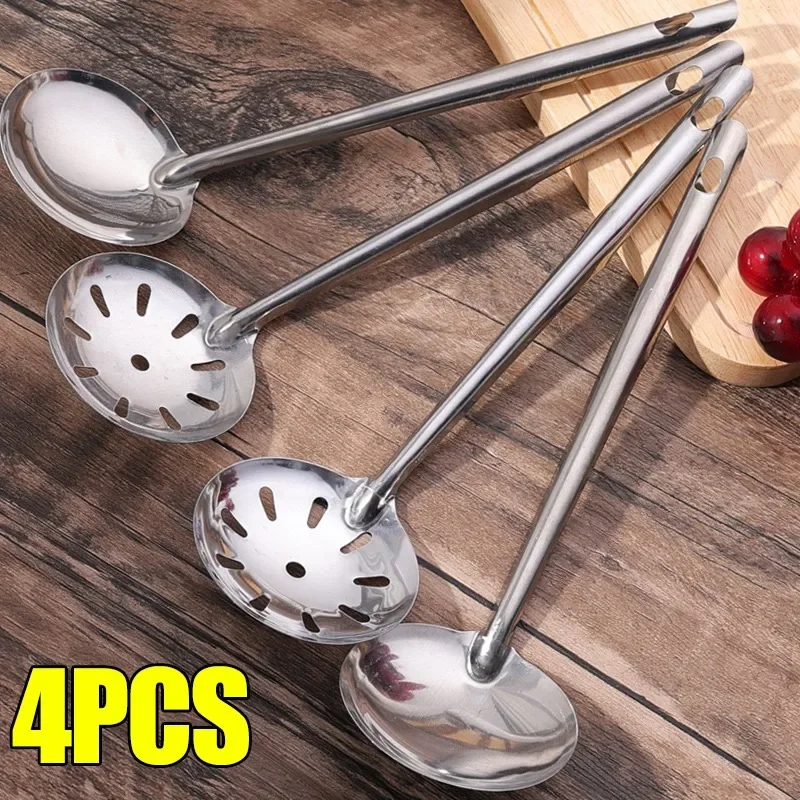 

1/4pcs Stainless Steel Soup Spoon Colander Kitchen Long Handle Rice Spoon Hot Pot Spoon Colander Home Tableware Cooking Utensils