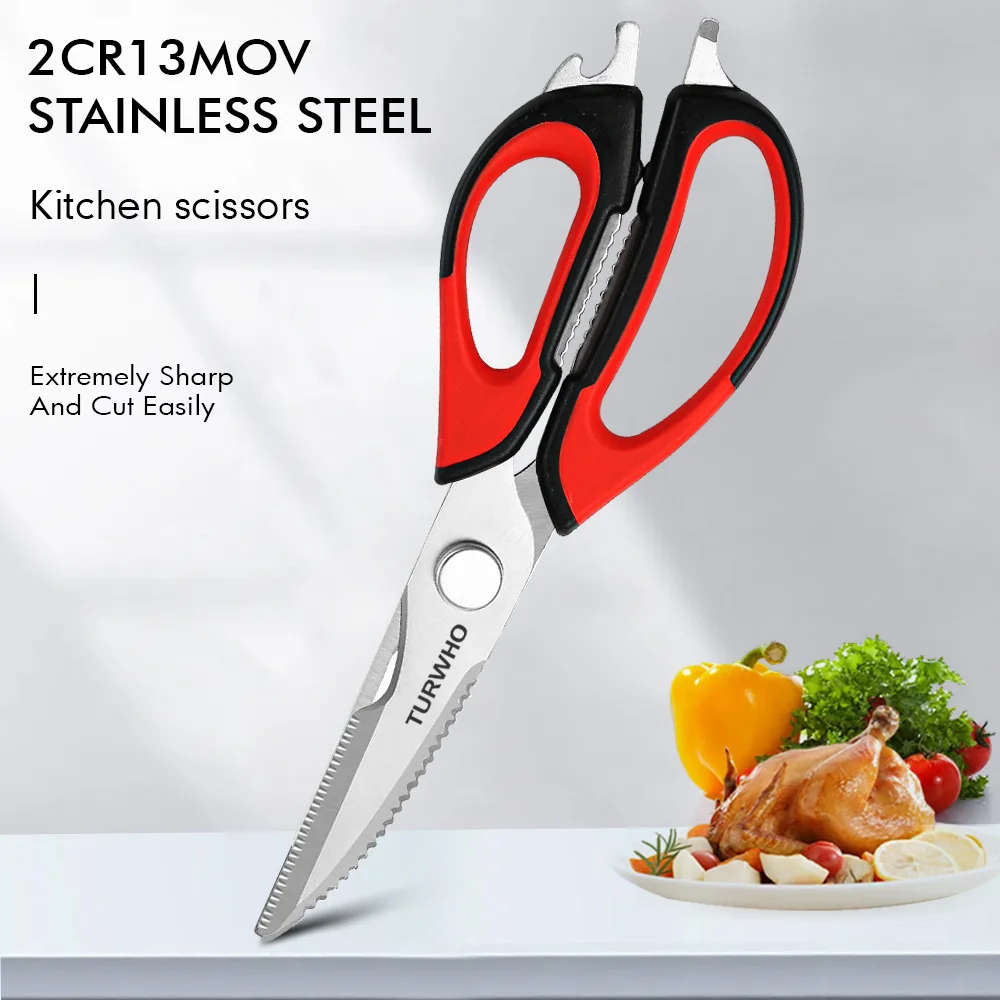 

TURWHO Multifunctional Kitchen Tools Plastic Handle Stainless Steel Chicken Bone Cutting Scissors Nutcracker Bottle Opener Tool