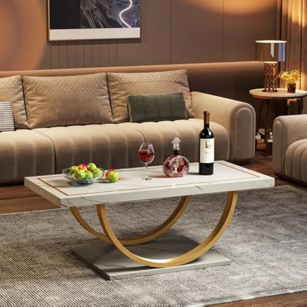 Coffee Table White Gold Engineered Wood Coffee Table with Faux Marble Veneer and Metal Frame Rectangle Coffee Table 4