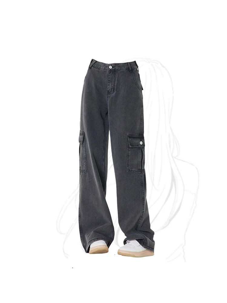 

Women's Grey Cargo Jeans 90s Aesthetic Y2k High Waist Jeans Denim Pants Vintage Harajuku Baggy Wide Leg Cowboy Trousers Clothes
