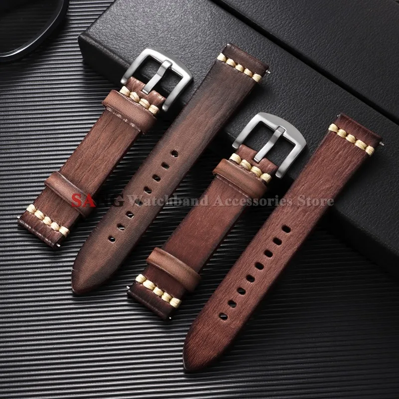 Vintage Retro Leather Watch Band with Quick Release and Stitching Details
