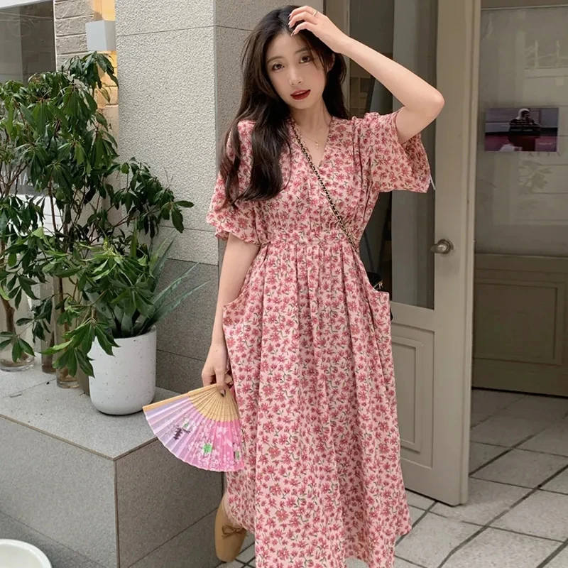 

Retro Double pockets Large Size Dress , for Women's Clothing Summer Dresses ,New style Slim Waist Floral Dress,Vestidos 2024