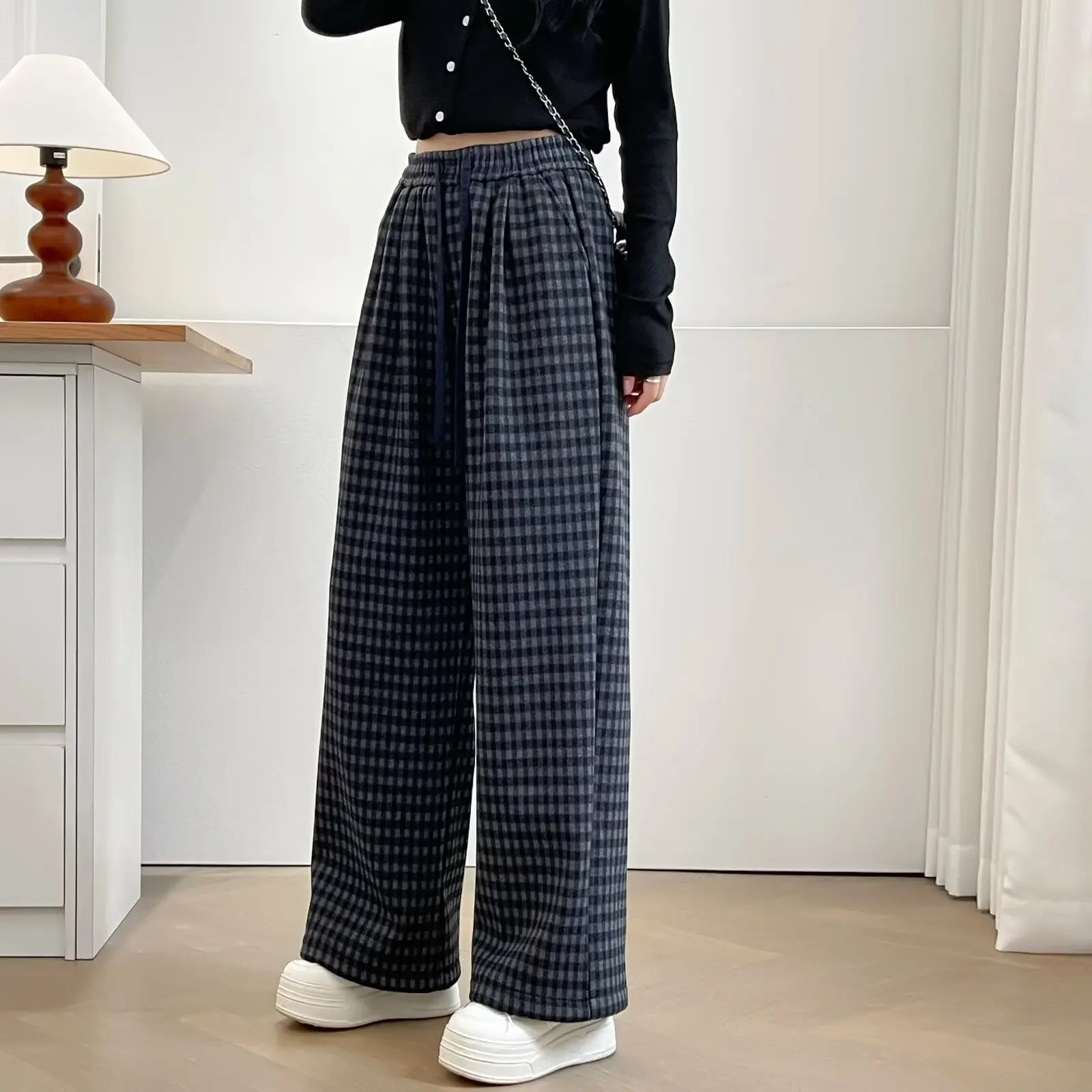 XXXXL Fashion Plus Size Women's Wide Leg Pants Classic And Versatile Oversized Winter 2025 Fleece And Thickened Plaid Trousers