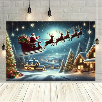 1pc, Santa Claus Joyfully Riding Sleigh Through The Night Sky Background Cloth Wall Decor, Multipurpose Backdrop Wall Covering,