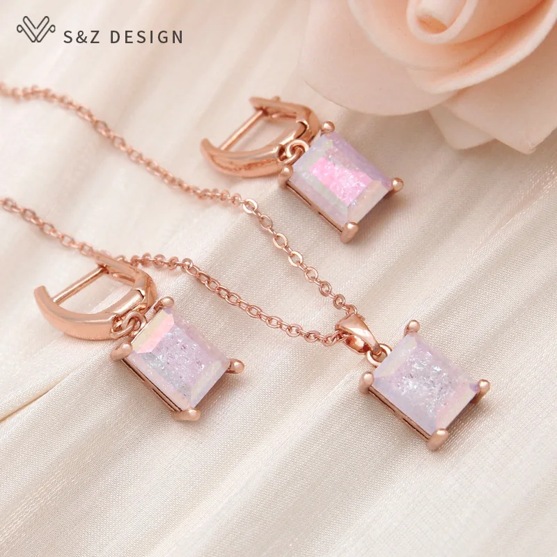 S&Z DESIGN New Fashion Rectangle Ice Crack Crystal Dangle Earrings Jewelry Sets For Women Pendant Necklace 585 Rose Gold Color