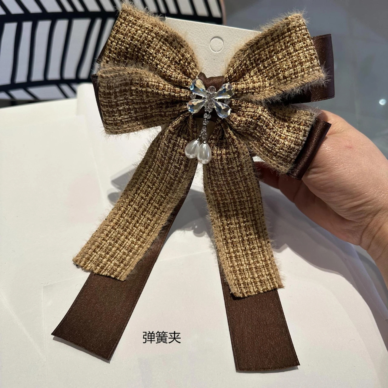 Korean Hair Accessories High-end Feel Checkered Fabric Spring Clip Plush Bow
