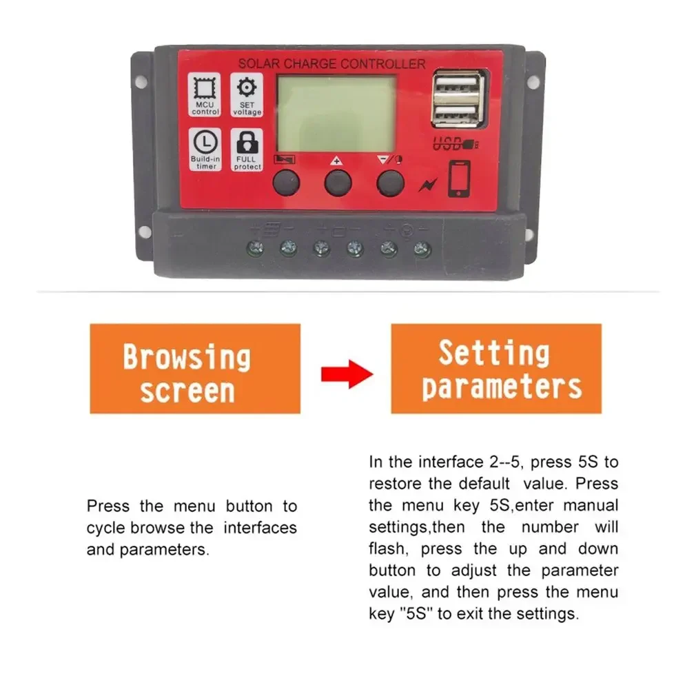 

10/20/30A Solar Charge Controller 12V/24V Solar Panel Battery Intelligent Regulator LCD Display Home PV Charging Regulator Red