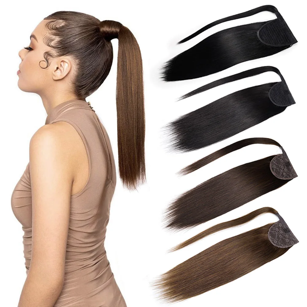 

Magic Paste Invisible Ponytail Extensions Human Hair Clip in Ponytail Human Hair Wrap Around Ponytail Hair Extensions 14 In 65g