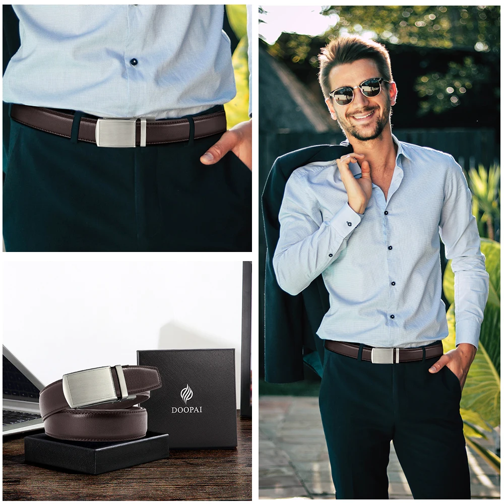 Mens Designer Belts Leather Fashion Ratchet Belt with Automatic Slide  Buckle at  Men's Clothing store