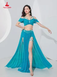 Women's Belly Dance Ensemble - Mesh Short Sleeve Top & Split Long Skirt - XXL (SKY BLUE)