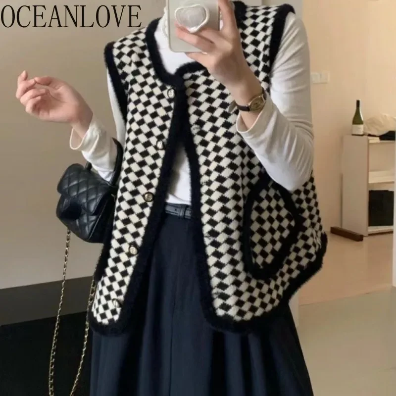 OCEANLOVE 여성용 체크 무늬 가디건, 대비 색상, 빈티지 한국 패션, 밍크 캐시미어 조끼, 가을 겨울, 달콤한 따뜻한 스웨터