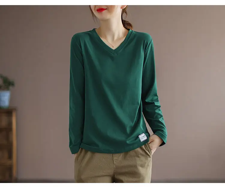 Camisetas de mujer, primavera 2022, camisetas lisas con parte inferior, camisetas de manga larga con cuello en V para mujer, camisetas de gran tamaño, ropa recién llegada