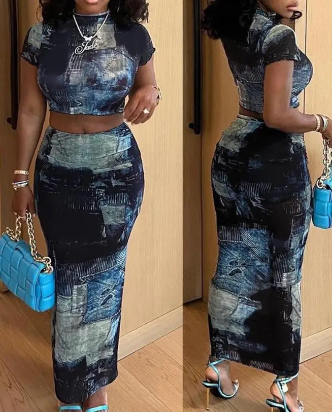 

Women's Casual Denim Look Print Crop Top & Skirt Set Women of Two Piece Suit Outfits Female Fashion Skinny Clothing Sets