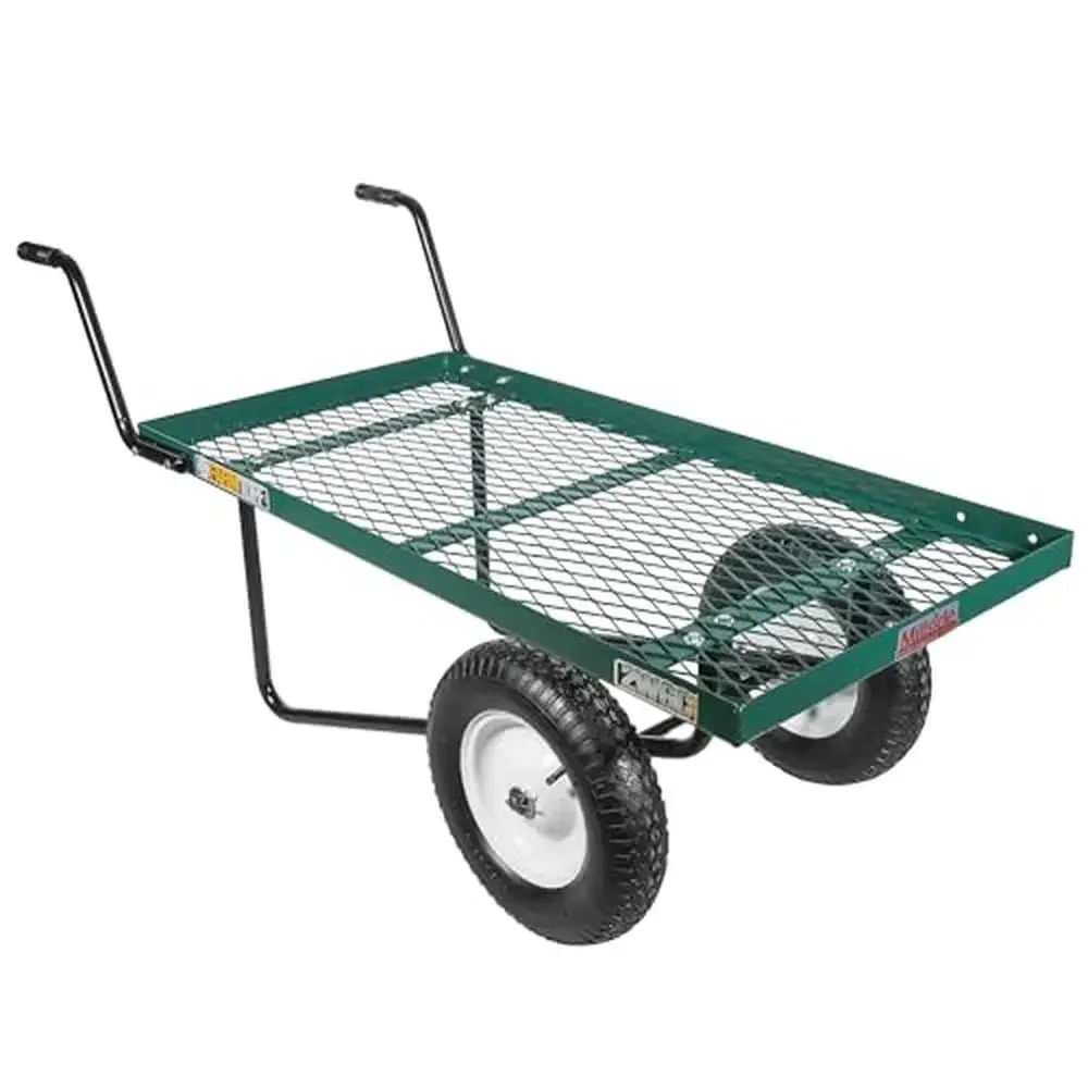 Metal Utility Push Cart 48"x27" Deck 16" Pneumatic Tires Green 300lb Capacity Easy-grip Handles Heavy-duty Structure 60"x24"x30"
