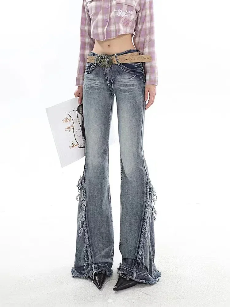 flare jeans women skinny high waist aesthetic y2k clothes denim trousers vintage washed retro mopping korean fashion street new American Retro Y2K Flare Jeans Scratched Slim Bell Bottoms Women Fashion Gyaru Denim Pant  Raw Edge Trousers Hip Hop High Street