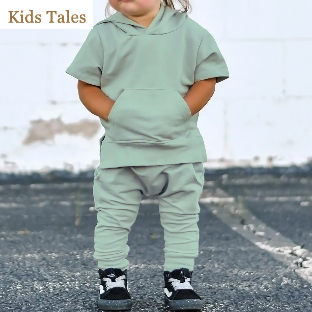 Toddler Boys Girls Short Sleeve Pocket Hooded Top T-Shirt + Shorts Set Little Kids Outfit 2Pcs Summer Tracksuit Sweatshirts 1-7Y