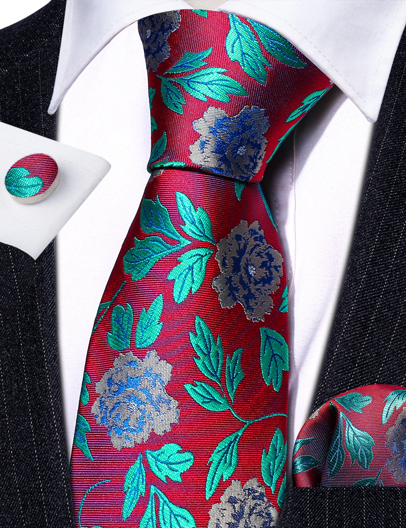 

Novelty Silk Men's Tie Fashion Design Red Teal Floral Woven Neck-Tie Handkerchief Cufflinks Set Wedding Party Barry.Wang LS-6423