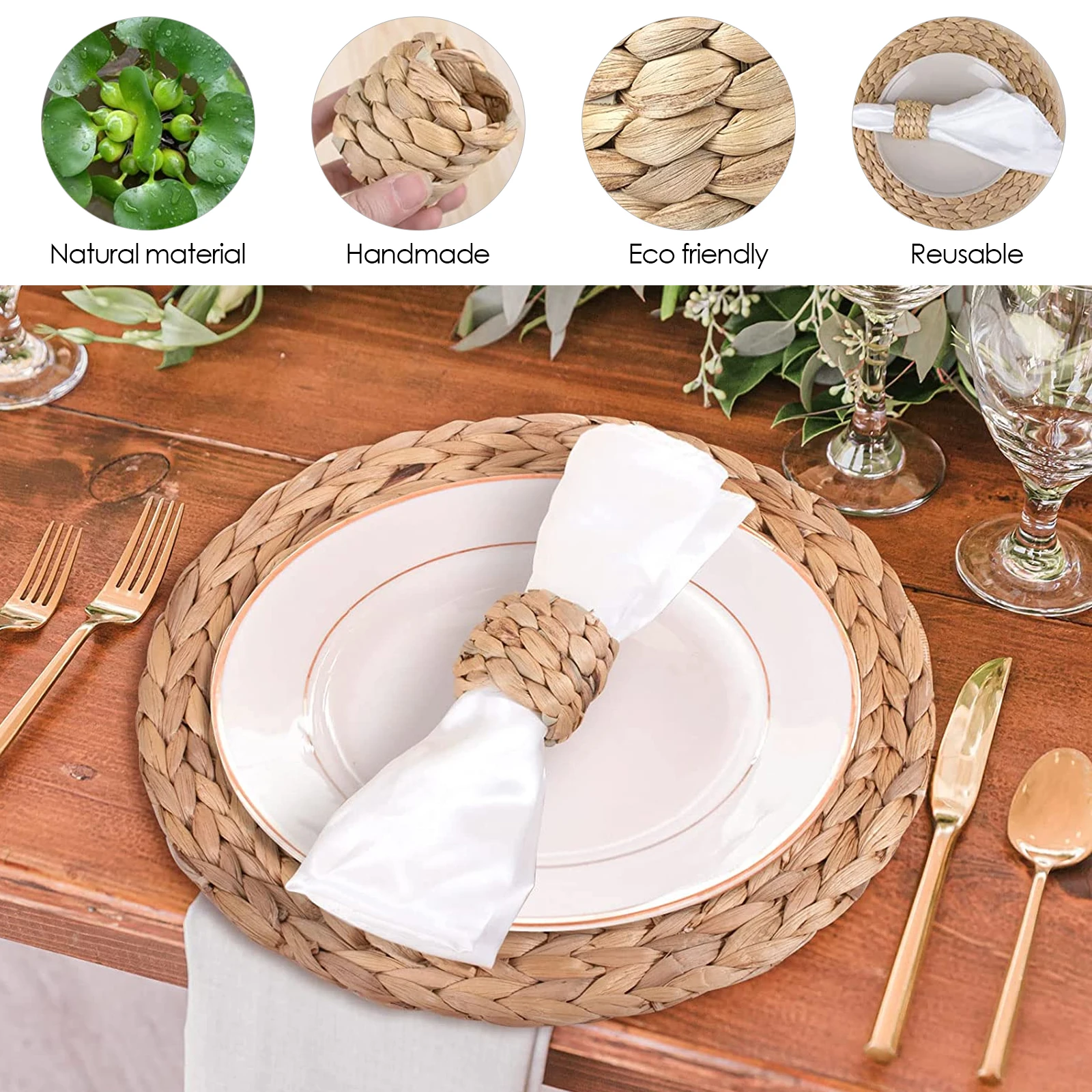 Water Hyacinth Napkin Rings Set of 5 Hand-Woven Farmhouse Napkin Rings Birthday Party Wedding