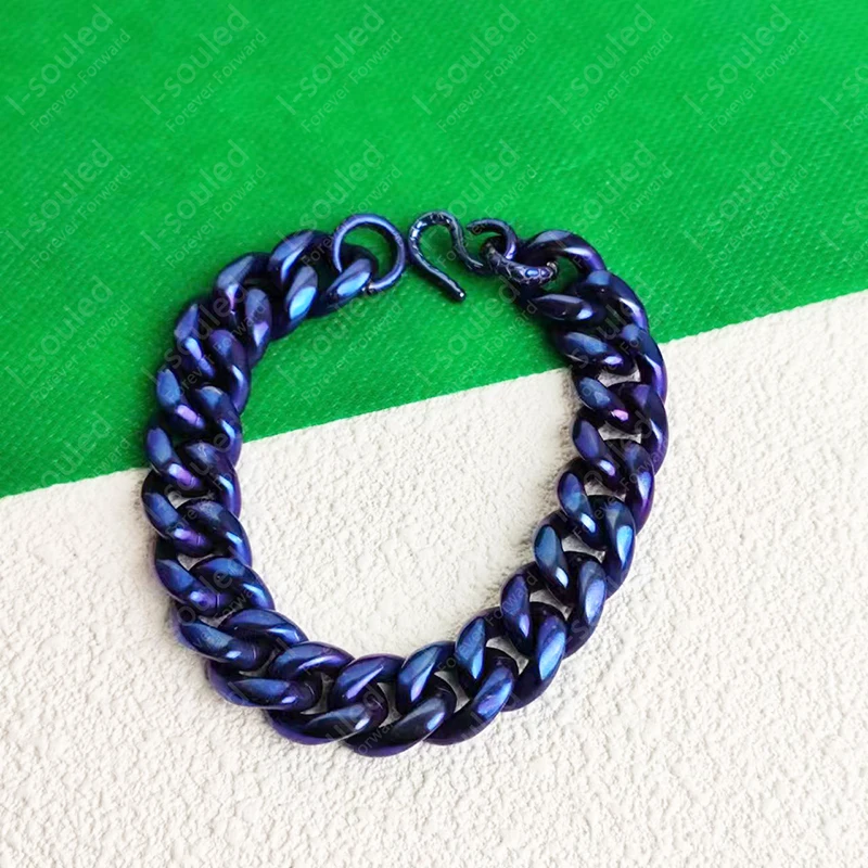 Titanium Mens Bracelet Blue 14MM Curb Link Chain Fashion Jewelry