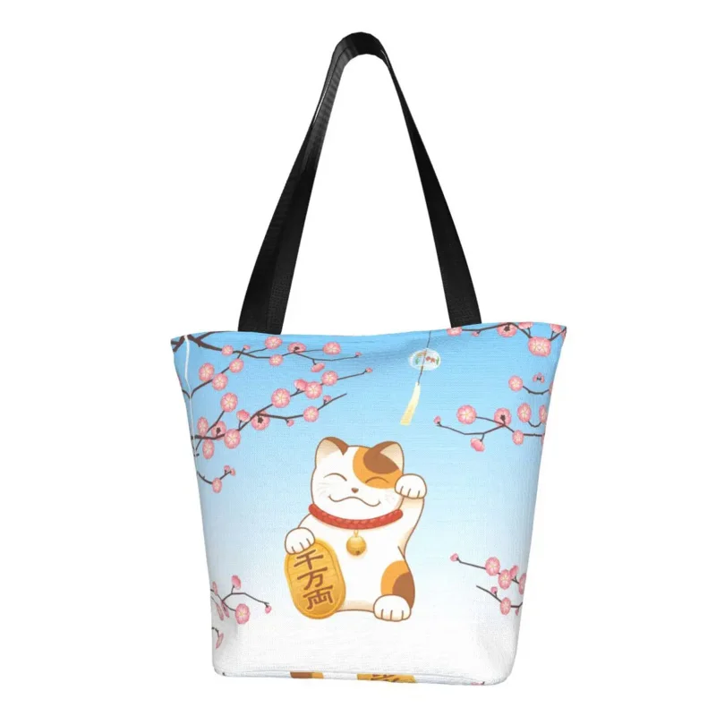 Fashion Japanese Sakura Maneki Neko Shopping Tote Bags Reusable Lucky Cat Canvas Grocery Shoulder Shopper Bag