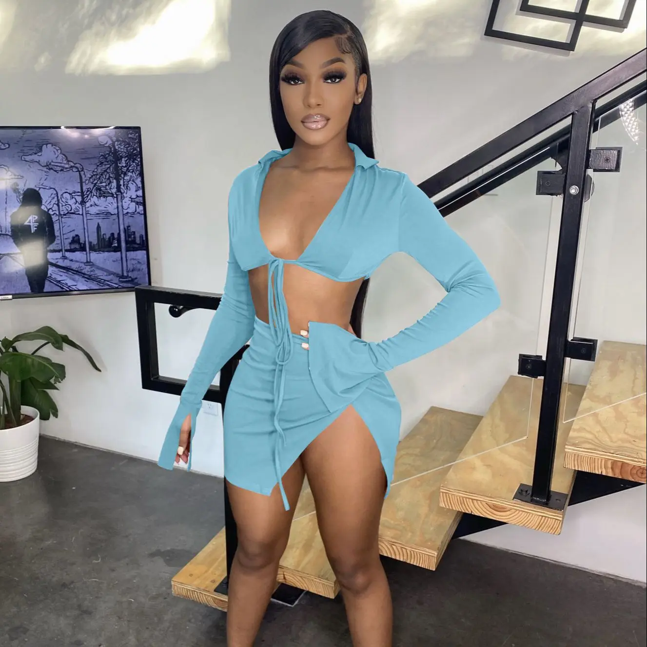 Beach Outfits for Women Summer Vacation Two Piece Set Outfit Swimsuit Long Sleeve Lace-up Crop Top Sexy Side Split Mini Skirts