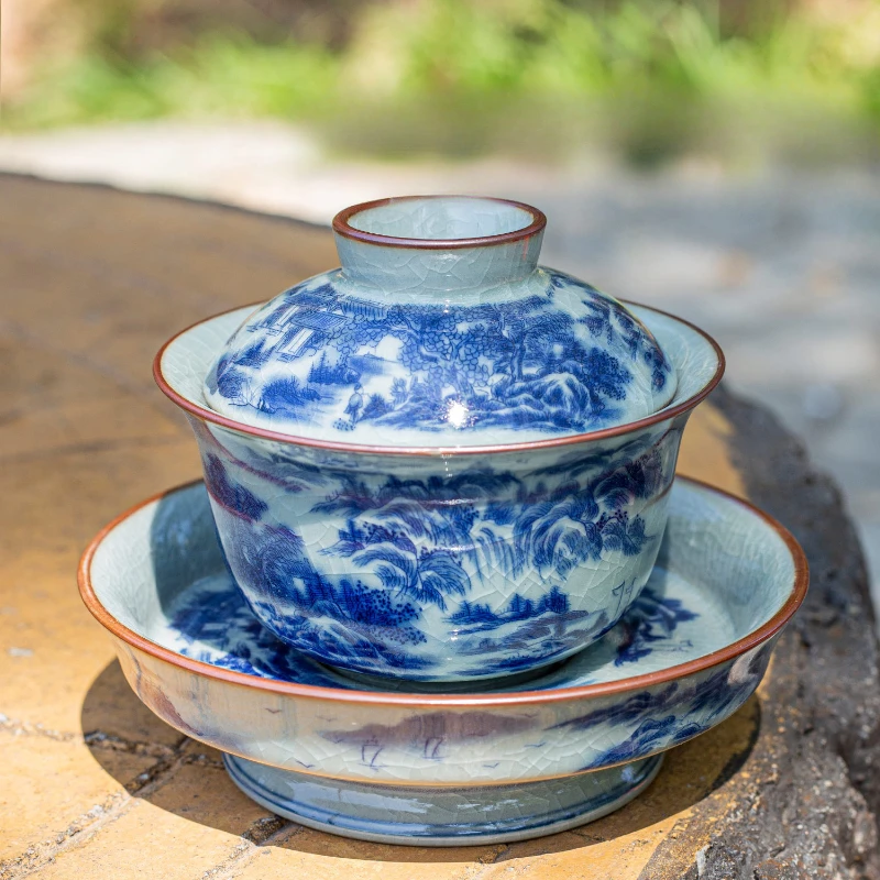 Ceramic Covered Bowl Chinese Style Tea Bowl Ice Cracked Glaze Pattern Tea Set Accessories Kitchen Bar Supplies Household Set