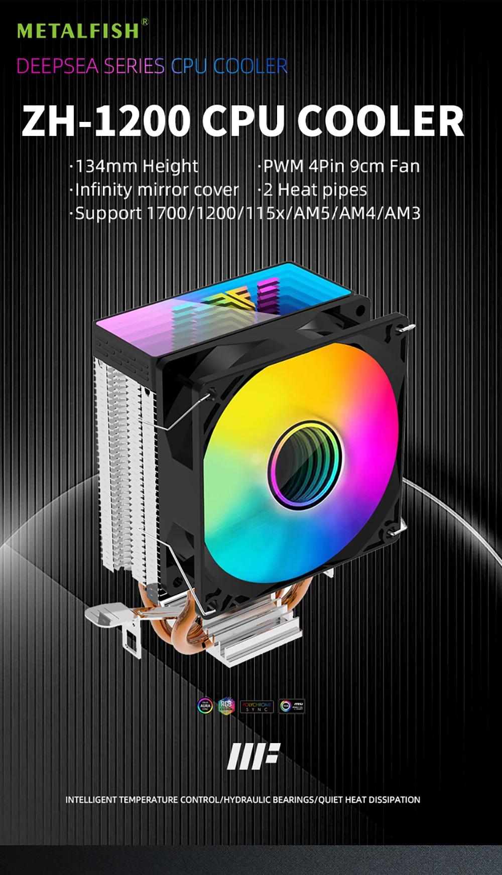CPU Cooler ZH1200 2 Heatpipes Radiator ARGB 4PIN PWM Silent Fan For Intel 1700 1