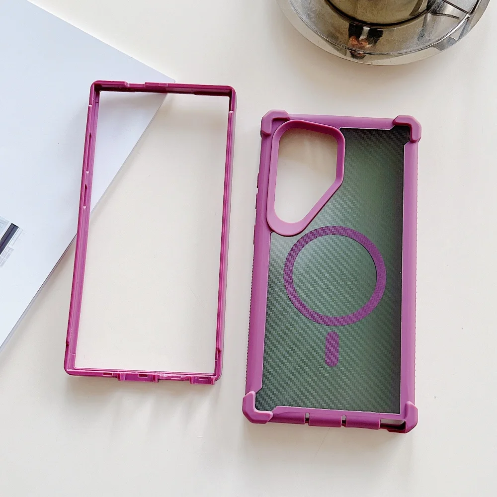 Heavy-Duty Armor Shockproof Magnetic Case with Carbon Fiber Texture and Non-Slip Silicone Bumper