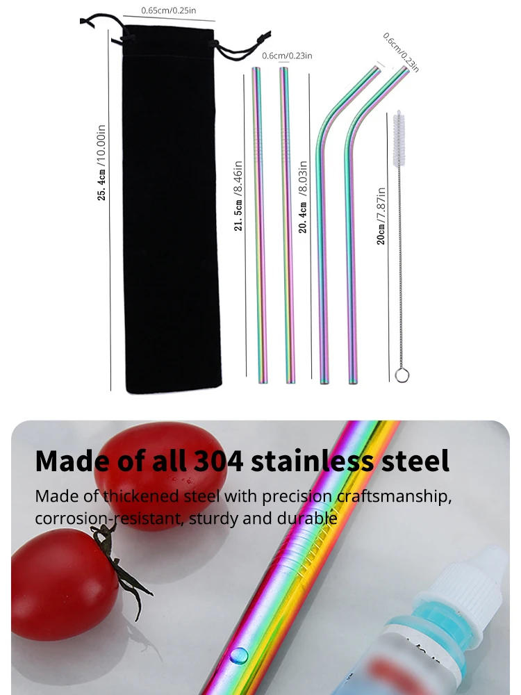 Description Picture 5 of item5 Pieces Stainless Steel Straw Set Colorful Metal Straws Bar Drinks Coffee Milk Tea Juice Drinking Utensils Environmental Protec