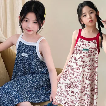 2-13 Years Girls Dress Night Wear Children's Clothing Korean Summer Kids Pajamas Sleeping Gown for Girl Blue Red Floral Homewear