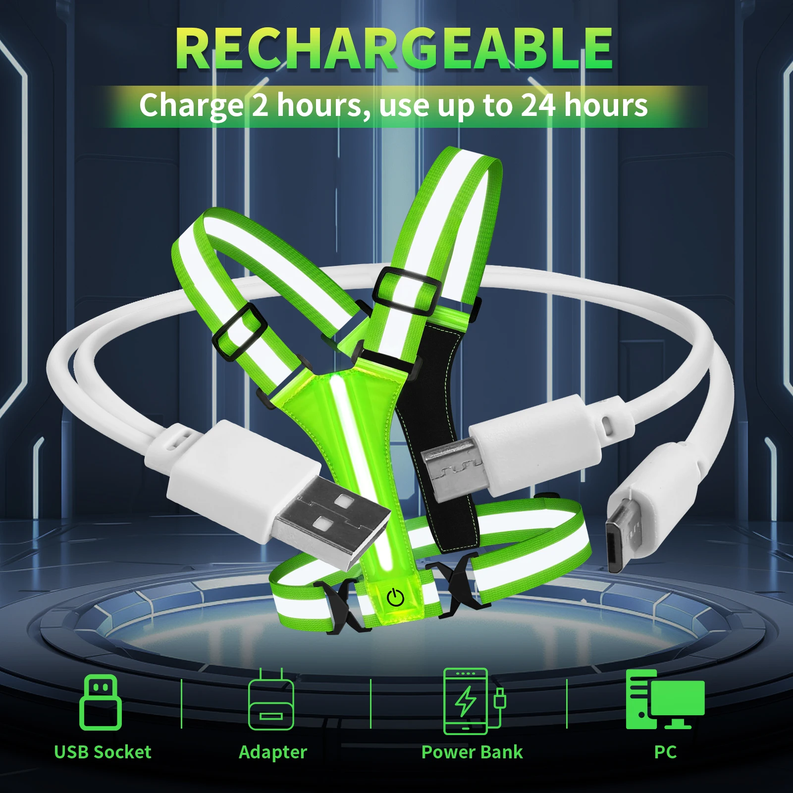 LED Reflective Vest USB Rechargeable Light Up High Visibility Running Gear Jogging Walking