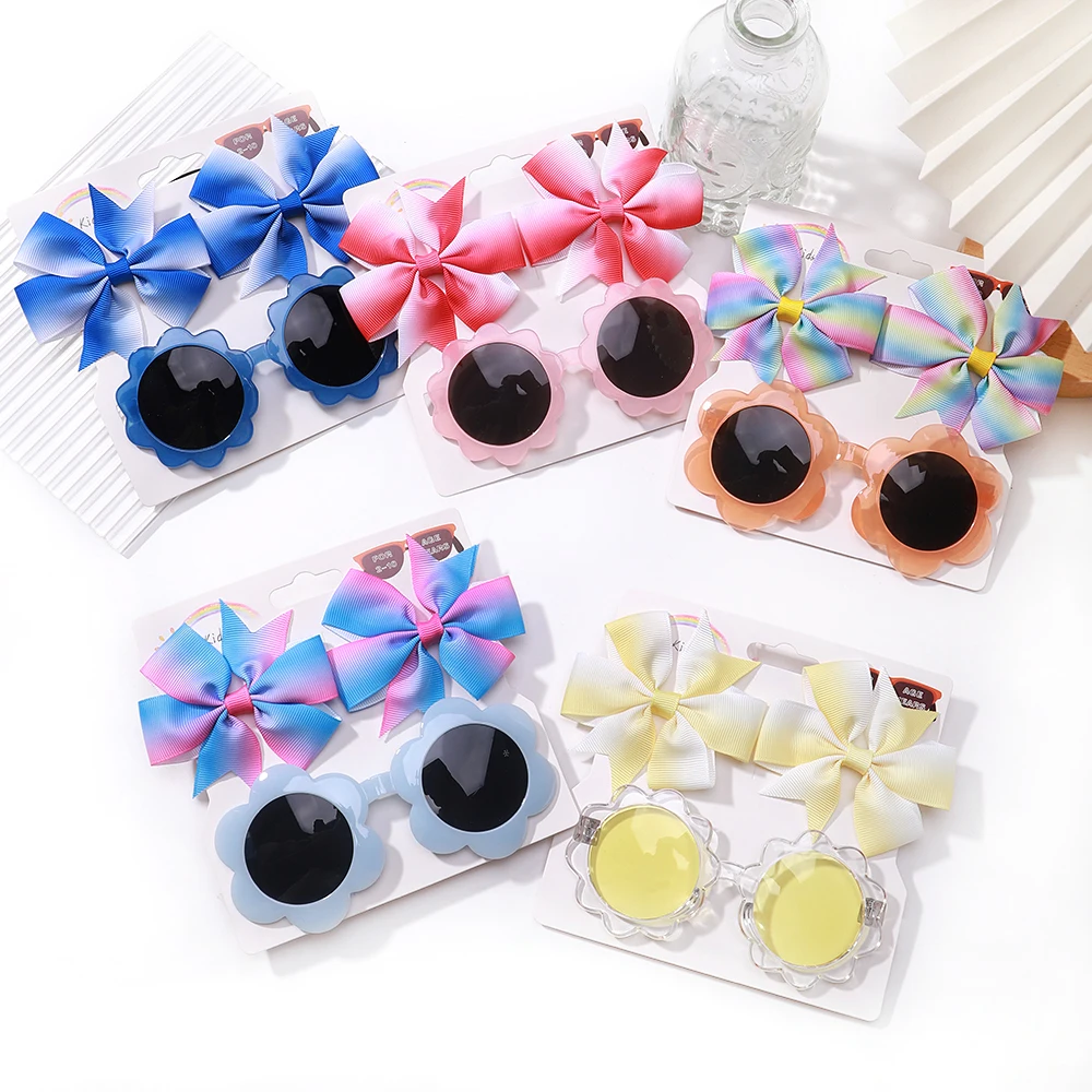 3Pcs/set Bowknot Baby Hair Clip Cute Colorful Hairpin Sunflower Sun Glasses Set Girls Boutique Children HolidayHair Accessories 3pcs set baby bows headband cute rabbit ear elastic bebe headband cotton bowknot hairband headwear flower girls hair accessories