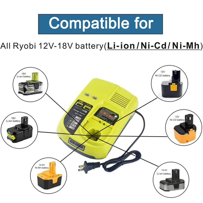 

Зарядное устройство с двумя USB-портами для Ryobi P100 P101 P102 P105 P107 P108, 18 в